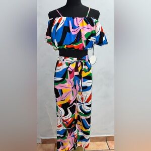 Colorful Abstract Print Off-Shoulder Two Pieces Set